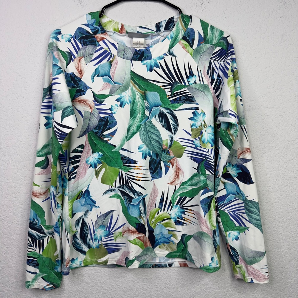 La Blanca Rash Guard Women M Colorful Tropical Leaf Swimwear Beach Vacation